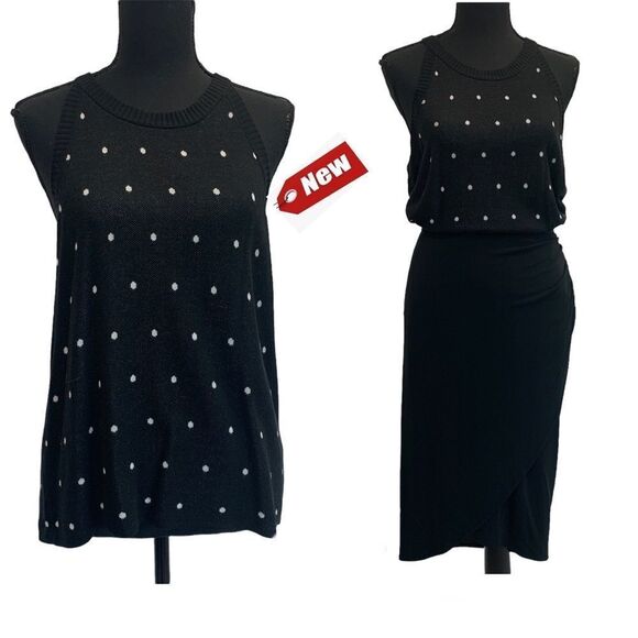 𝅺BELLE By Belldini Black white polkadot knit tank top sweater Sz L NWT - Picture 11 of 11